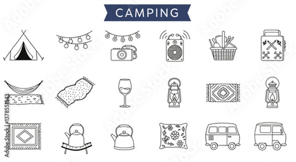 Fototapeta Camping essentials:  line art icons.