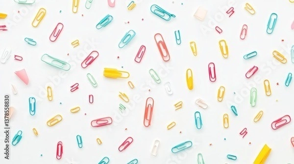 Fototapeta colorful paper clips on a white background, emphasizing the office organization concept.