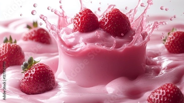 Fototapeta Vibrant 3D Render of a Milk and Yogurt Splash with Fresh Strawberries on a Pristine White Background