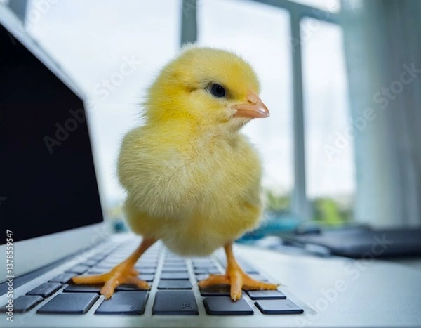 Fototapeta Little yellow chicken, sitting on a laptop, playful Easter or tech-related promotions.