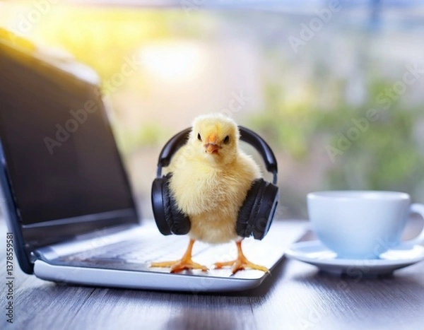 Fototapeta Little yellow chicken with headphones and a cup of coffee, sitting on a laptop, playful Easter or tech-related promotions.
