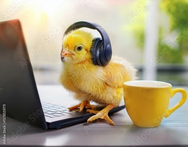 Fototapeta Little yellow chicken with headphones and a cup of coffee, sitting on a laptop, playful Easter or tech-related promotions.