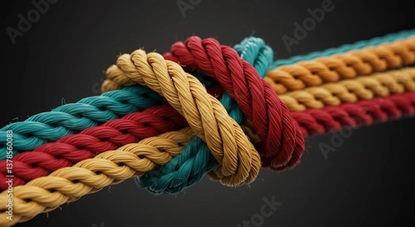 Fototapeta close-up colorful rope knot. Background shows the unity, solidarity, strength, partnership, teamwork, cooperation, power, diversity, support, integration, and communication. Network