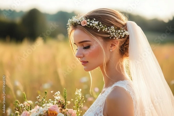 Fototapeta Elegant bride with floral crown in golden field during sunset captures a moment of joy and beauty