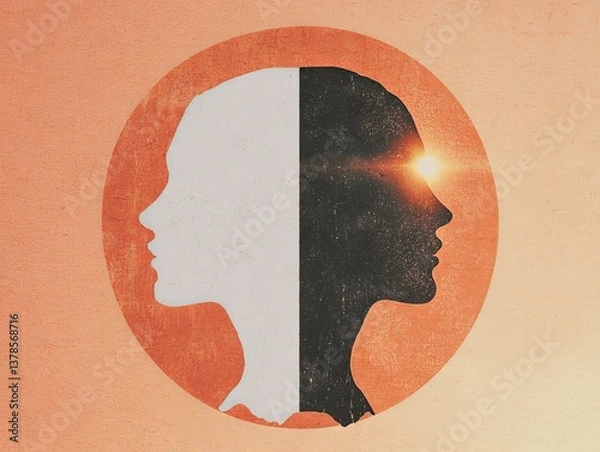 Fototapeta The mental concept of bipolar disorder involves changes in mood and emotions, as well as the notion of a split or dual personality, often depicted by a head silhouette of a male figure