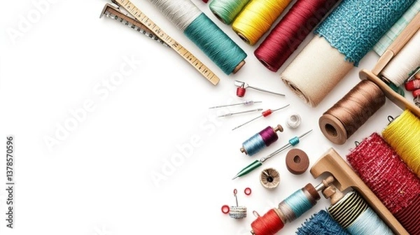 Fototapeta Creative sewing kit essentials for crafting home workspace visual collection minimalist style
