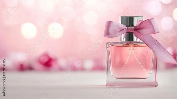 Fototapeta Elegant french perfume bottle with silk ribbon studio setting product photography luxury environment close-up view