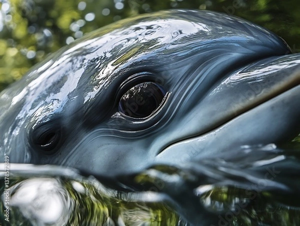 Fototapeta Close up of a dolphins eye just above the waterline capturing reflections of a dense jungle canopy