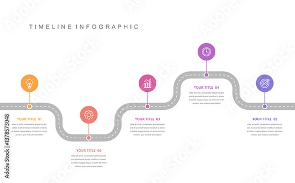 Obraz Business road map timeline infographic concept. with icons and 5 options, workflow layout, diagram, report, web design. Creative, vector, illustration.