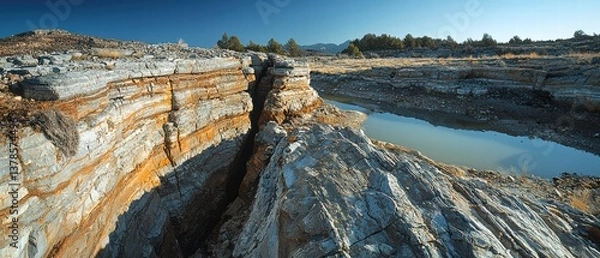 Fototapeta stunning view of rock formation split by seismic activity, showcasing layered geological structures and serene water body. landscape evokes sense of natural beauty and geological history