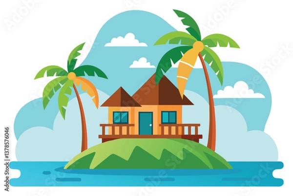 Fototapeta Tropical Island Hut Surrounded by Water, Palm Trees Under Blue Cloudy Sky