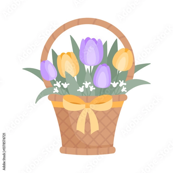 Fototapeta Basket with tulips isolated on white background