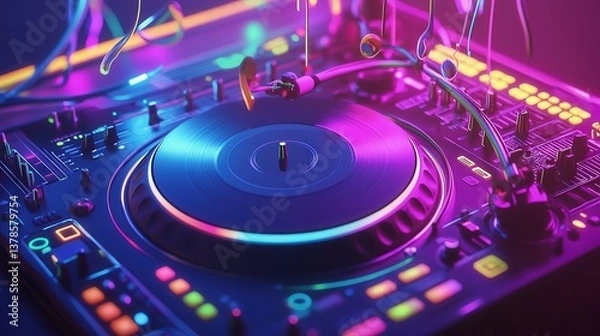 Fototapeta neon-lit DJ turntable with colorful cables and floating music notes. The scene radiates energy, making it perfect for promoting nightlife, rave parties, and electronic music events