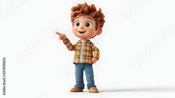 Fototapeta 3D Rendering of Smiling Boy in Plaid Shirt Pointing Upward Isolated on White Background