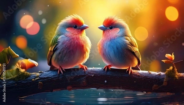 Obraz A vibrant pair of tropical birds, red and green, perch lovingly on a wild branch