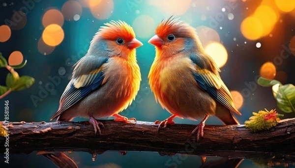 Obraz A vibrant pair of tropical birds, red and green, perch lovingly on a wild branch