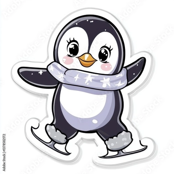 Fototapeta Cute Cartoon Penguin Ice Skating with Scarf in Winter Wonderland