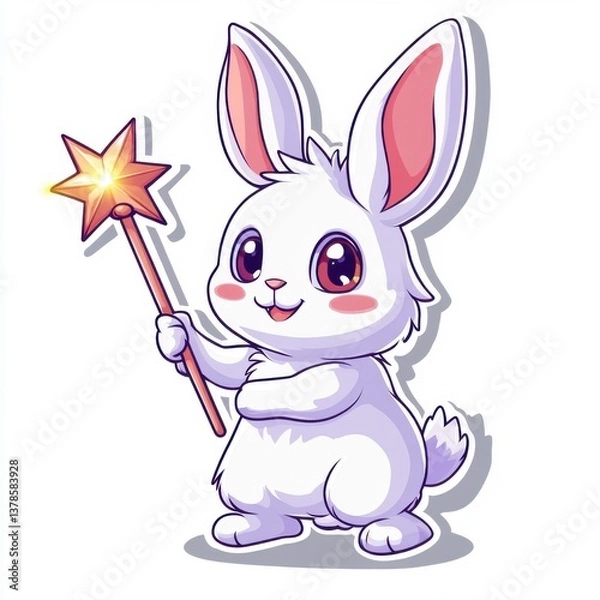 Fototapeta Cute Cartoon Rabbit with Magic Wand and Shining Star Illustration