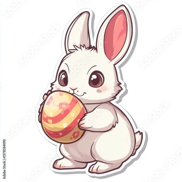 Fototapeta Cute Cartoon Rabbit Holding Colorful Easter Egg with Big Ears