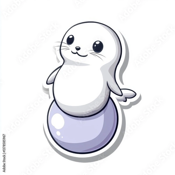 Fototapeta Cute Cartoon Seal Balancing on a Purple Ball in Simple Style