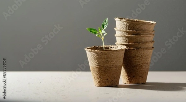 Obraz Seedling growing in biodegradable pot promoting environmental conservation and sustainable gardening practices