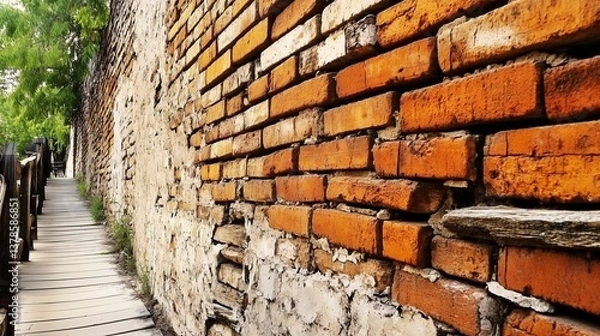 Fototapeta A perspective shot of an old, weathered brick wall. Ideal for architectural backgrounds, travel blogs, urban exploration sites, and construction or renovation projects.