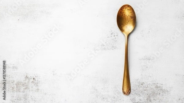Fototapeta Close-up view of a radiant golden spoon isolated on an immaculate white background