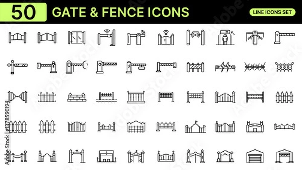 Fototapeta Gate and Fence Icons Set | Entrance, Security, Garage, Barrier Line Icons | Editable & Scalable Icons