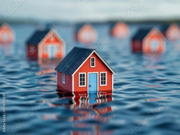 Fototapeta Sinking coastal village depicts global warming impact on kutae community underwater homes aerial view environmental concerns