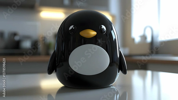 Obraz Adorable Black and White Penguin Toy on a Counter in a Domestic Kitchen with Soft Lighting and Blurred Background