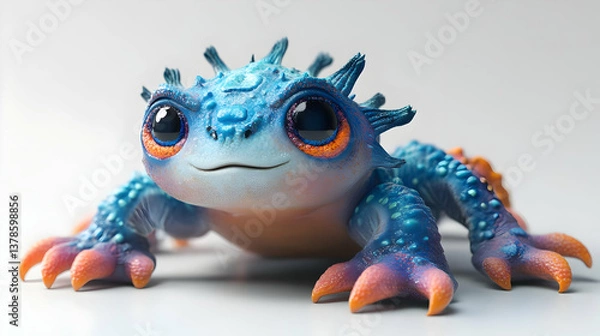 Obraz Adorable Blue and Orange Fantasy Creature with Big Eyes Detailed Portrait on White Background A Playful Imaginary Animal with Spikes and Spots