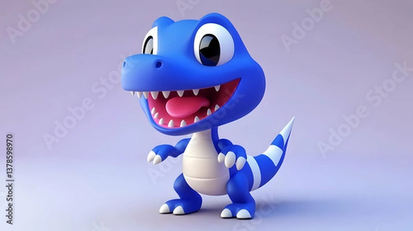 Obraz Adorable Blue Dinosaur Cartoon Character with Big Eyes Open Mouth and Striped Tail on Light Purple Background