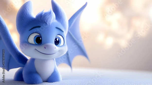 Obraz Adorable Blue Dragon Cartoon Character with Big Eyes and Wings in a Warm Softly Lit Setting Perfect for Children's Illustration