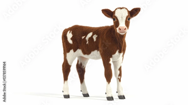 Obraz Adorable Brown and White Calf Standing Calmly on a White Background in Studio Lighting Animal Portrait