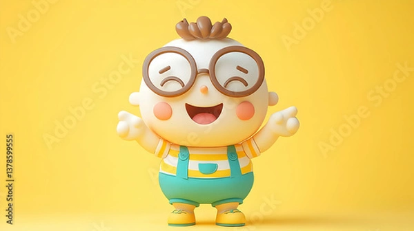 Obraz Adorable Cartoon Boy with Glasses and Striped Shirt Standing on Bright Yellow Background in Studio Lighting Optimized for Adobe Stock Photos