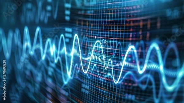 Fototapeta Glowing protein structure with sound wave vibrations representing hearing-related biochemistry, scientific concept of molecular biology and auditory system.