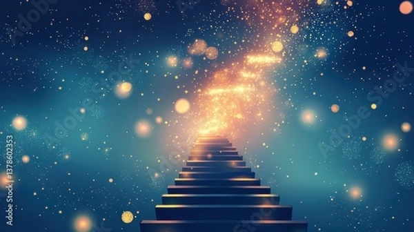 Fototapeta Stairs ascending into a cosmic, starry sky with glowing particles.
