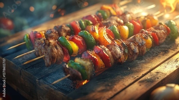 Fototapeta A plate of grilled meat and vegetable skewers