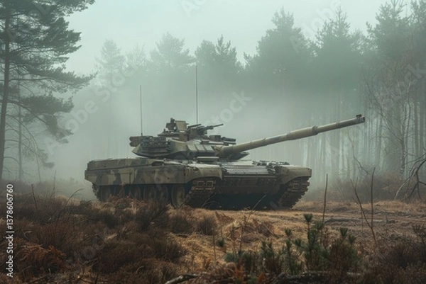 Fototapeta Kutae abrams tank on high alert in foggy woodland clearing military action dense forest tactical view