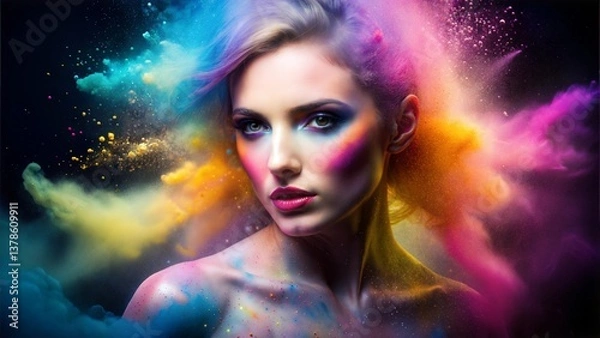 Fototapeta Cosmetics advertisement featuring a woman modeling an idea involving multi-colored blush.
