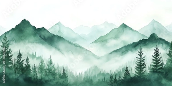 Obraz Misty Mountain Forest Landscape with Evergreen Trees Watercolor Illustration
