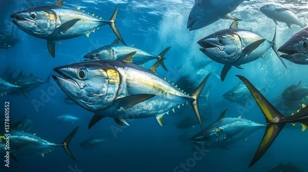 Fototapeta Speed and Agility of Tuna Highlighted in Underwater Scenes Leading to Interactive Learning Event created with Generative AI technology