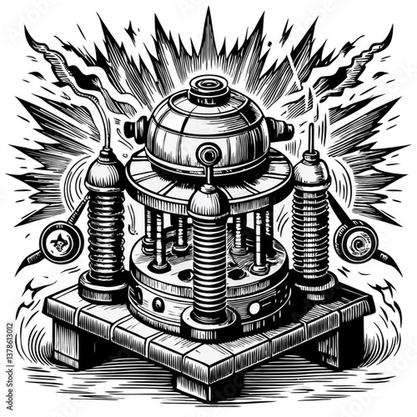 Fototapeta Steampunk Machine with Gears and Tesla Coils in Vintage Illustration Style