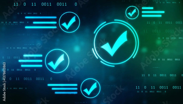 Obraz Check Mark on Abstract Blue Backgroud. Quality Control, Guarantee, Checklist, Survey, Compliance Concept, Technology abstract background
