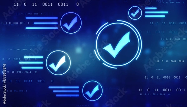 Obraz Check Mark on Abstract Blue Backgroud. Quality Control, Guarantee, Checklist, Survey, Compliance Concept, Technology abstract background