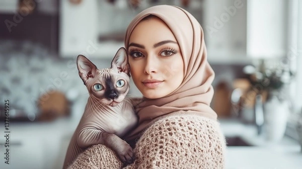 Fototapeta Cozy Lifestyle Portrait of a Smiling Woman in Hijab with Sphynx Cat: Modern Multicultural Bonding and Affection in a Warm Home Interior