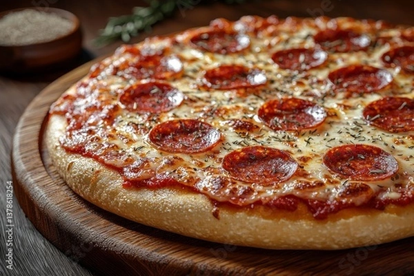 Fototapeta Delicious Pepperoni Pizza with Melted Cheese on a Rustic Wooden Tray