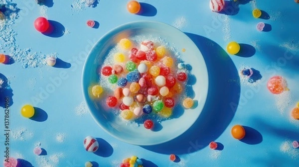 Fototapeta A white plate is centered on a light blue table with colorful assorted candies and sprinkles scattered both on the plate and around it.