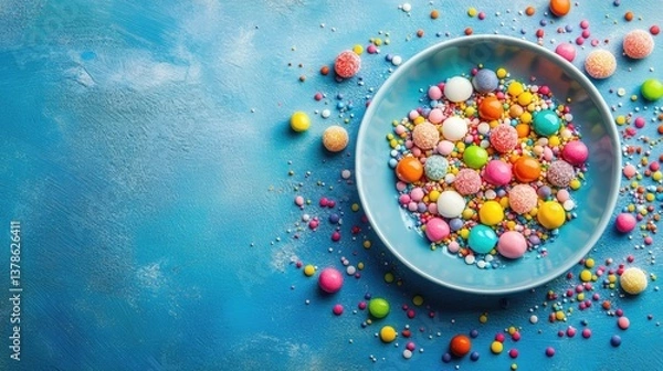 Fototapeta A white plate is centered on a light blue table with colorful assorted candies and sprinkles scattered both on the plate and around it.