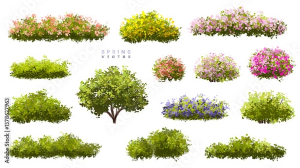 Fototapeta  Vector watercolor blooming flower tree or forest side view isolated on white background for landscape and architecture drawing,elements for environment or and garden,green tree for garden section 